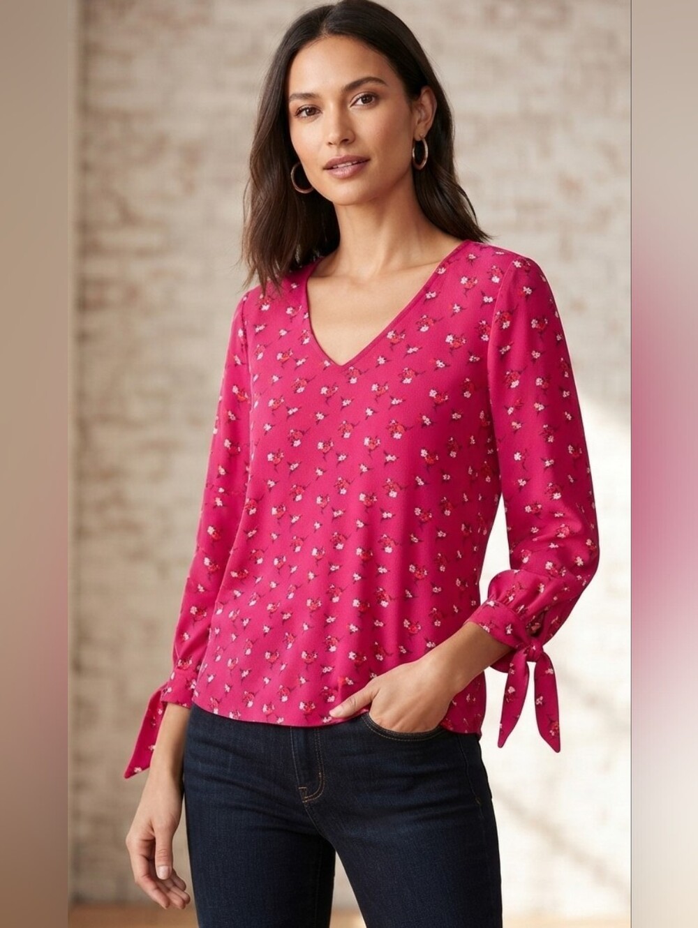 CeCe V-Neck Tie-Cuff Blouse in Fuchsia with Floral Print